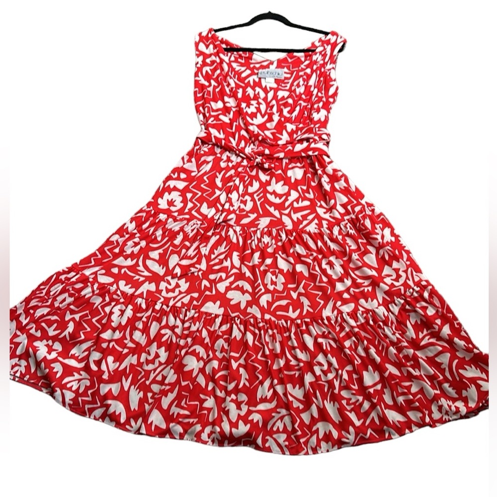 LROThschild vintage tiered cress cross belted midi dress red and white s… - Picture 2 of 10